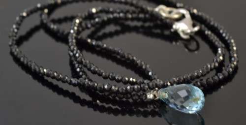 GENUINE BRIOLETTE CUT SKY BLUE TOPAZ AND BLACK SPINAL 925 SILVER NECKLACE