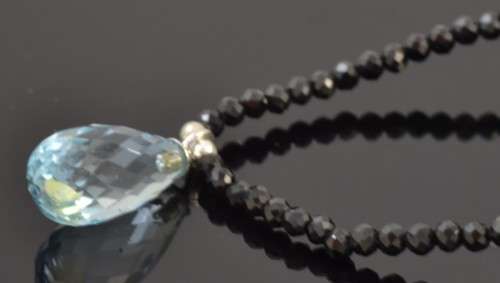 GENUINE BRIOLETTE CUT SKY BLUE TOPAZ AND BLACK SPINAL 925 SILVER NECKLACE