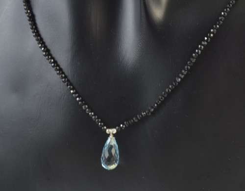 GENUINE BRIOLETTE CUT SKY BLUE TOPAZ AND BLACK SPINAL 925 SILVER NECKLACE