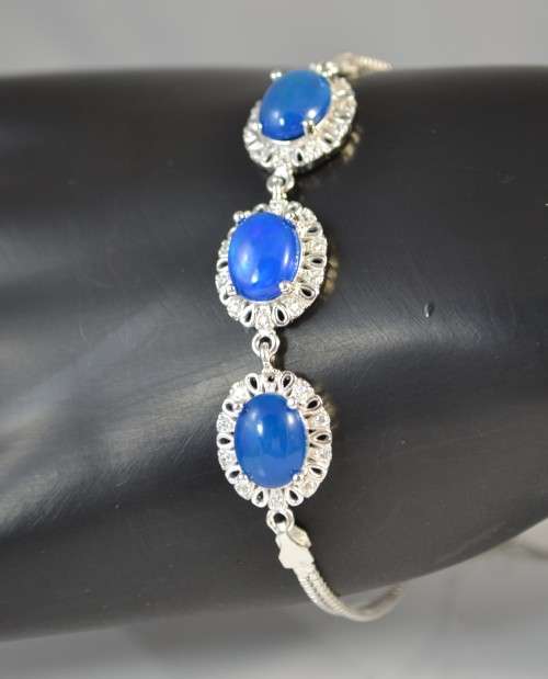 FANTASTIC TOP RICH BLUE FIRE OPAL & CZ 925 SILVER BRACELET
