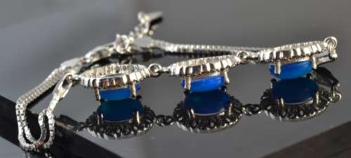 FANTASTIC TOP RICH BLUE FIRE OPAL & CZ 925 SILVER BRACELET