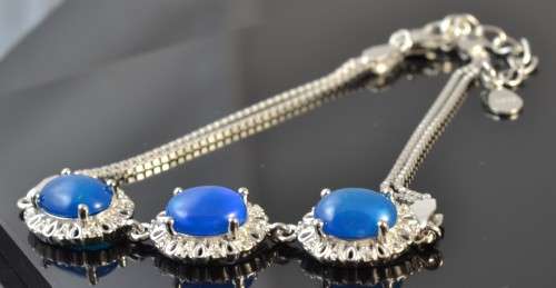 FANTASTIC TOP RICH BLUE FIRE OPAL & CZ 925 SILVER BRACELET
