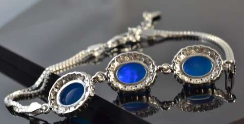FANTASTIC TOP RICH BLUE FIRE OPAL & CZ 925 SILVER BRACELET