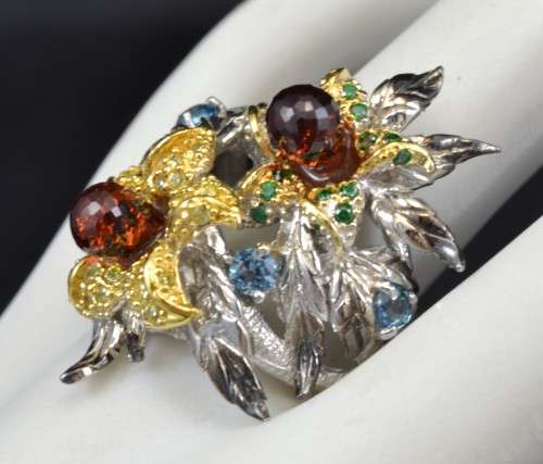 EXQUISITE DESIGN NATURAL BRIOLETTE CUT GARNET AND LONDON BLUE TOPAZ & CZ 925 SILVER RINGS SIZE 7.5