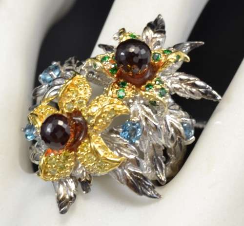 EXQUISITE DESIGN NATURAL BRIOLETTE CUT GARNET AND LONDON BLUE TOPAZ & CZ 925 SILVER RINGS SIZE 7.5