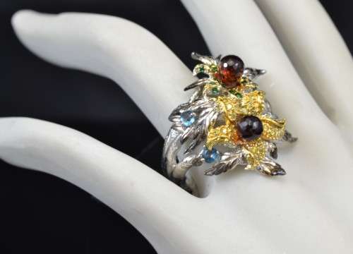 EXQUISITE DESIGN NATURAL BRIOLETTE CUT GARNET AND LONDON BLUE TOPAZ & CZ 925 SILVER RINGS SIZE 7.5