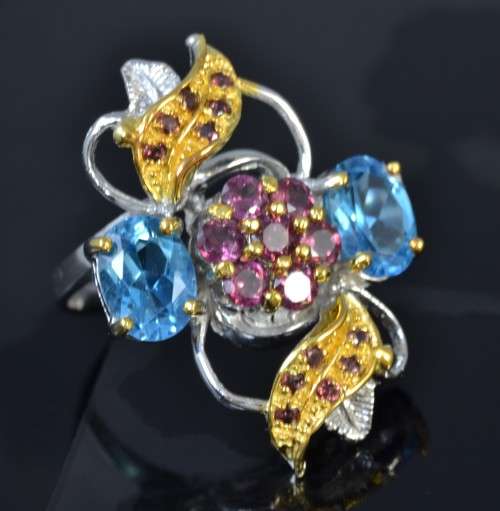 For Crystal City HANDMADE GENUINE SWISS BLUE TOPAZ & RHODILTE GARNET TWO TONE 925 SILVER RING SIZE 9