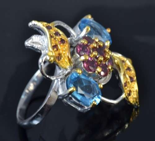For Crystal City HANDMADE GENUINE SWISS BLUE TOPAZ & RHODILTE GARNET TWO TONE 925 SILVER RING SIZE 9