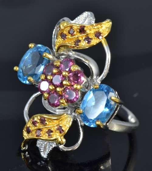 For Crystal City HANDMADE GENUINE SWISS BLUE TOPAZ & RHODILTE GARNET TWO TONE 925 SILVER RING SIZE 9