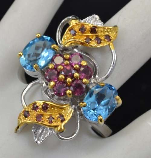 For Crystal City HANDMADE GENUINE SWISS BLUE TOPAZ & RHODILTE GARNET TWO TONE 925 SILVER RING SIZE 9