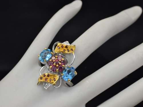 For Crystal City HANDMADE GENUINE SWISS BLUE TOPAZ & RHODILTE GARNET TWO TONE 925 SILVER RING SIZE 9