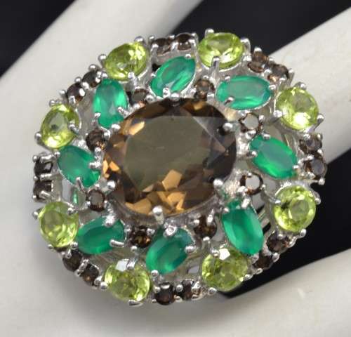 AMAZING GENUINE SMOKY QUARTZ AND AGATE &PERIDOT 925 SILVER RING SIZE 7.5