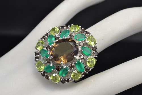 AMAZING GENUINE SMOKY QUARTZ AND AGATE &PERIDOT 925 SILVER RING SIZE 7.5