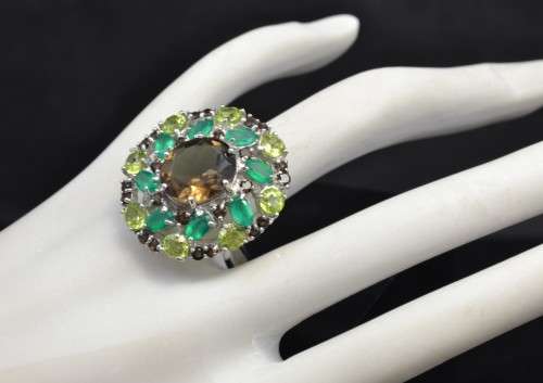 AMAZING GENUINE SMOKY QUARTZ AND AGATE &PERIDOT 925 SILVER RING SIZE 7.5