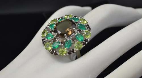 AMAZING GENUINE SMOKY QUARTZ AND AGATE &PERIDOT 925 SILVER RING SIZE 7.5
