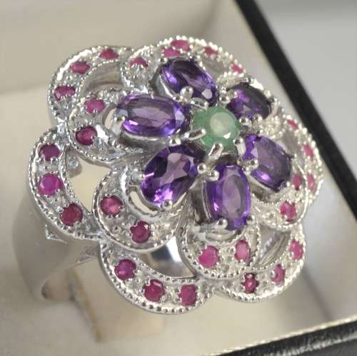 REAL AMETHYST, EMERALD AND RUBY 925 SILVER RING SIZE 8.5