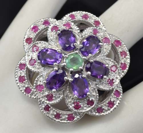 REAL AMETHYST, EMERALD AND RUBY 925 SILVER RING SIZE 8.5