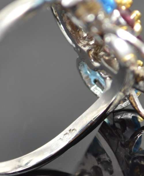 For Crystal City HANDMADE GENUINE SWISS BLUE TOPAZ & RHODILTE GARNET TWO TONE 925 SILVER RING SIZE 9