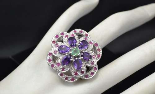 REAL AMETHYST, EMERALD AND RUBY 925 SILVER RING SIZE 8.5