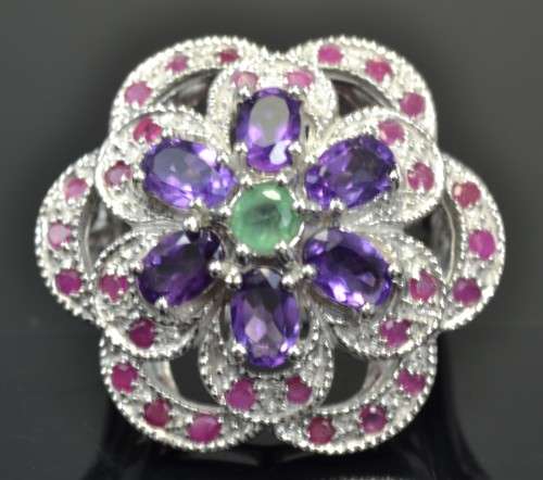 REAL AMETHYST, EMERALD AND RUBY 925 SILVER RING SIZE 8.5