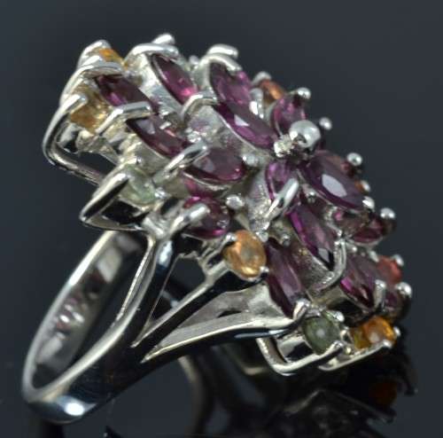 DELIGHTFUL GENUINE RHODOLITE GARNET AND FANCY SAPPHIRE 925 SILVER RING SIZE 7