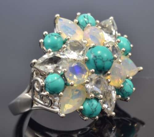 STUNNING! REAL AQUMARINE, FIRE OPAL & TURQUOISE 925 SILVER RING SIZE 7.5