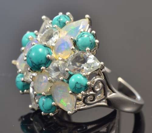 STUNNING! REAL AQUMARINE, FIRE OPAL & TURQUOISE 925 SILVER RING SIZE 7.5