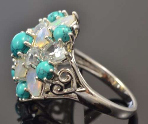 STUNNING! REAL AQUMARINE, FIRE OPAL & TURQUOISE 925 SILVER RING SIZE 7.5
