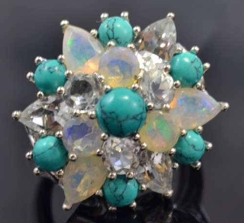 STUNNING! REAL AQUMARINE, FIRE OPAL & TURQUOISE 925 SILVER RING SIZE 7.5