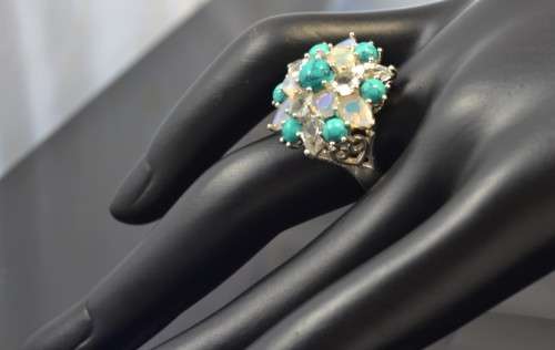 STUNNING! REAL AQUMARINE, FIRE OPAL & TURQUOISE 925 SILVER RING SIZE 7.5