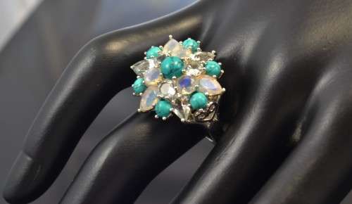 STUNNING! REAL AQUMARINE, FIRE OPAL & TURQUOISE 925 SILVER RING SIZE 7.5