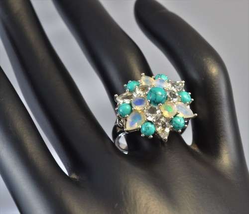 STUNNING! REAL AQUMARINE, FIRE OPAL & TURQUOISE 925 SILVER RING SIZE 7.5