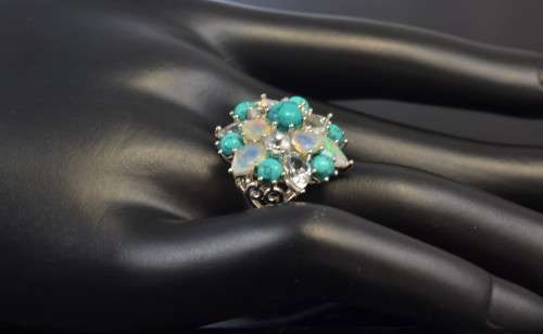 STUNNING! REAL AQUMARINE, FIRE OPAL & TURQUOISE 925 SILVER RING SIZE 7.5