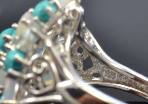 STUNNING! REAL AQUMARINE, FIRE OPAL & TURQUOISE 925 SILVER RING SIZE 7.5