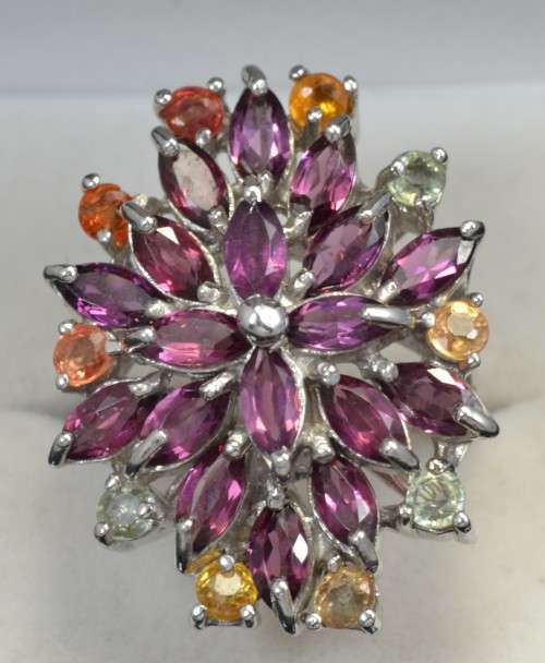 DELIGHTFUL GENUINE RHODOLITE GARNET AND FANCY SAPPHIRE 925 SILVER RING SIZE 7