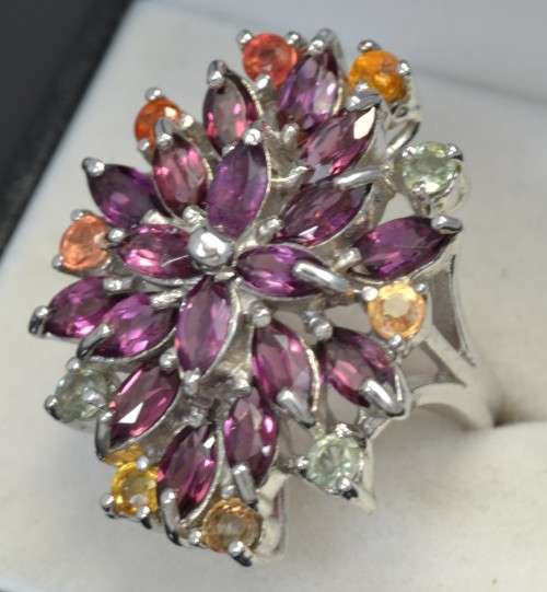 DELIGHTFUL GENUINE RHODOLITE GARNET AND FANCY SAPPHIRE 925 SILVER RING SIZE 7