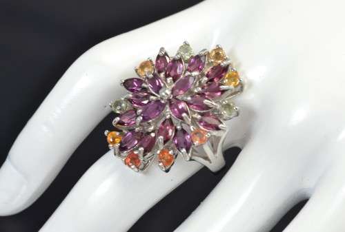 DELIGHTFUL GENUINE RHODOLITE GARNET AND FANCY SAPPHIRE 925 SILVER RING SIZE 7