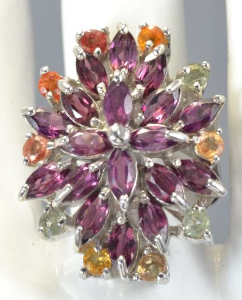 DELIGHTFUL GENUINE RHODOLITE GARNET AND FANCY SAPPHIRE 925 SILVER RING SIZE 7