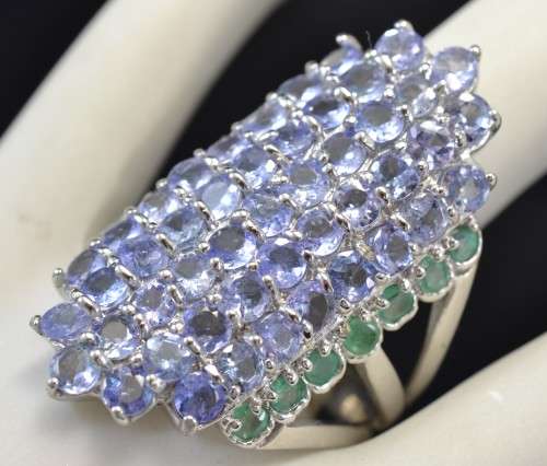 GENUINE TANZANITE & EMERALD 925 SILVER RING SIZE 8