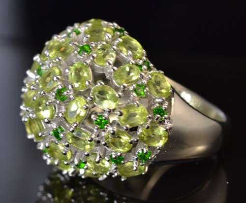 LARGE DOME SHAPE GENUINE PERIDOT &CHROME DIOPSIDE 925 SILVER RING SIZE 8
