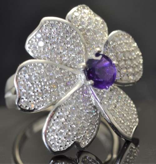 STUNNING! GENUINE AMETHYST & CZ 925 SILVER FLOWER RING SIZE 6