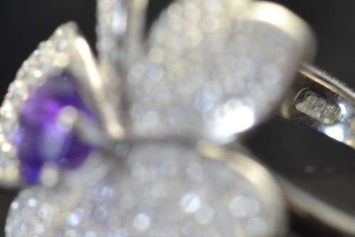 STUNNING! GENUINE AMETHYST & CZ 925 SILVER FLOWER RING SIZE 6