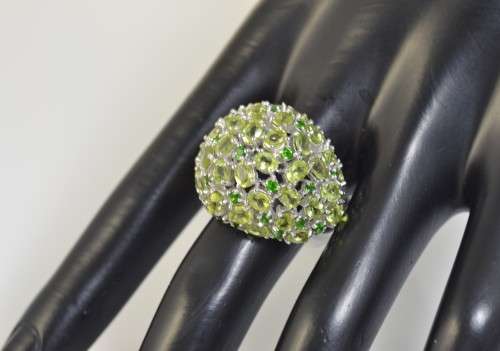 LARGE DOME SHAPE GENUINE PERIDOT &CHROME DIOPSIDE 925 SILVER RING SIZE 8
