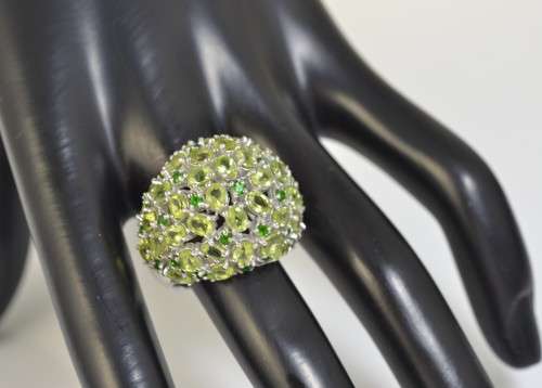 LARGE DOME SHAPE GENUINE PERIDOT &CHROME DIOPSIDE 925 SILVER RING SIZE 8