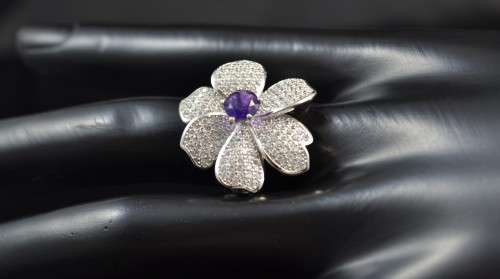 STUNNING! GENUINE AMETHYST & CZ 925 SILVER FLOWER RING SIZE 6