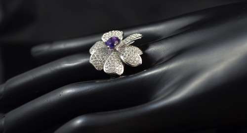 STUNNING! GENUINE AMETHYST & CZ 925 SILVER FLOWER RING SIZE 6