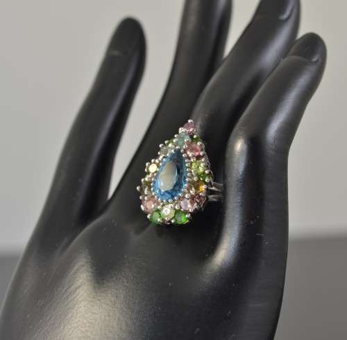 REAL TOPAZ TOURMALINE RHODOLITE & CHROME DIOPSIDE STERLING 925 SILVER RING 8.75