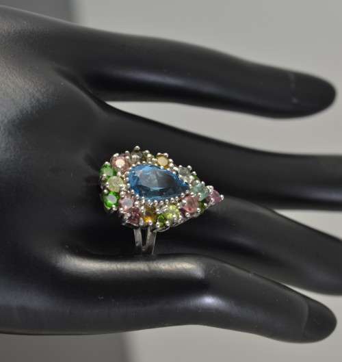 REAL TOPAZ TOURMALINE RHODOLITE & CHROME DIOPSIDE STERLING 925 SILVER RING 8.75
