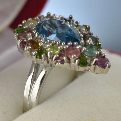 REAL TOPAZ TOURMALINE RHODOLITE & CHROME DIOPSIDE STERLING 925 SILVER RING 8.75