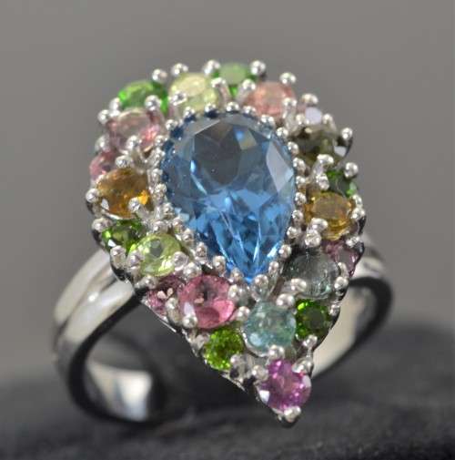REAL TOPAZ TOURMALINE RHODOLITE & CHROME DIOPSIDE STERLING 925 SILVER RING 8.75